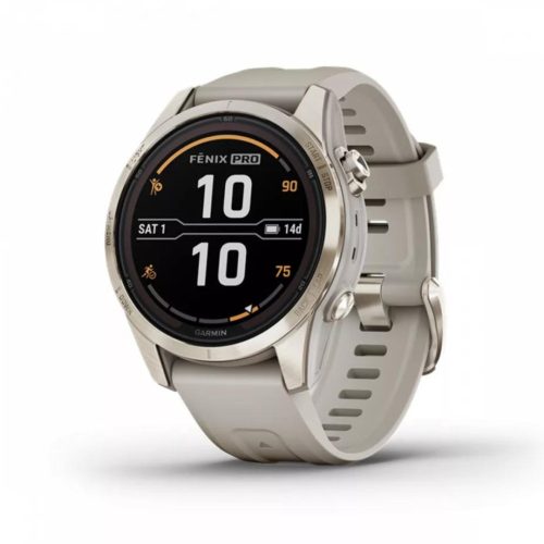 Garmin Fenix 7S Pro Sapphire Solar, krémarany, homokkő színű szilikon szíjjal